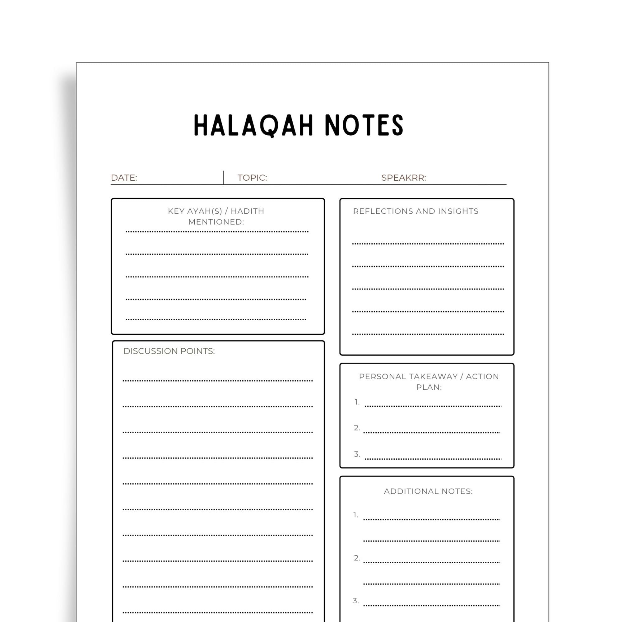 Halaqah Notes Template | Islamic Study Circle Notes Printable