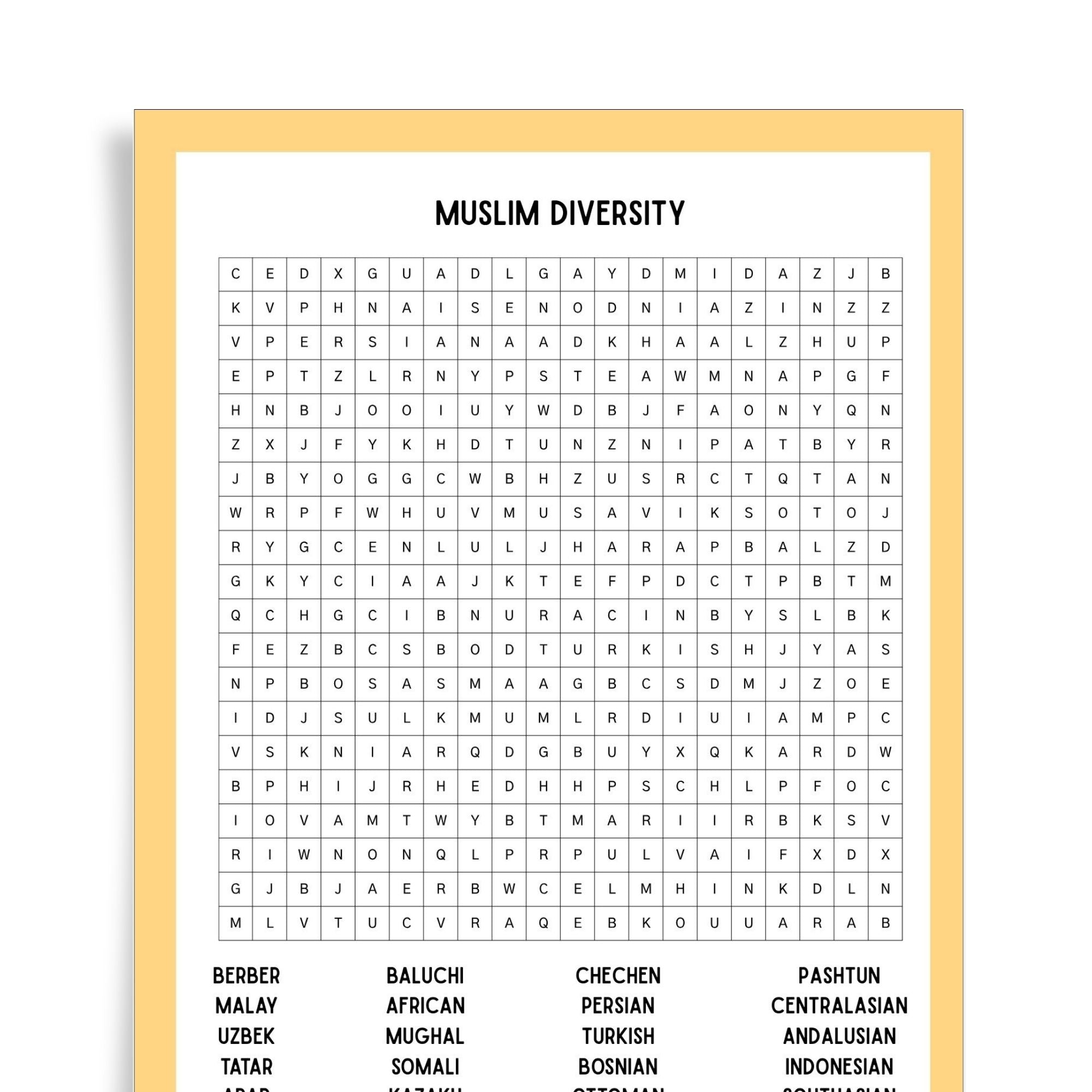 Muslim Diversity Find a Word | Islamic Word Search Puzzle for Kids