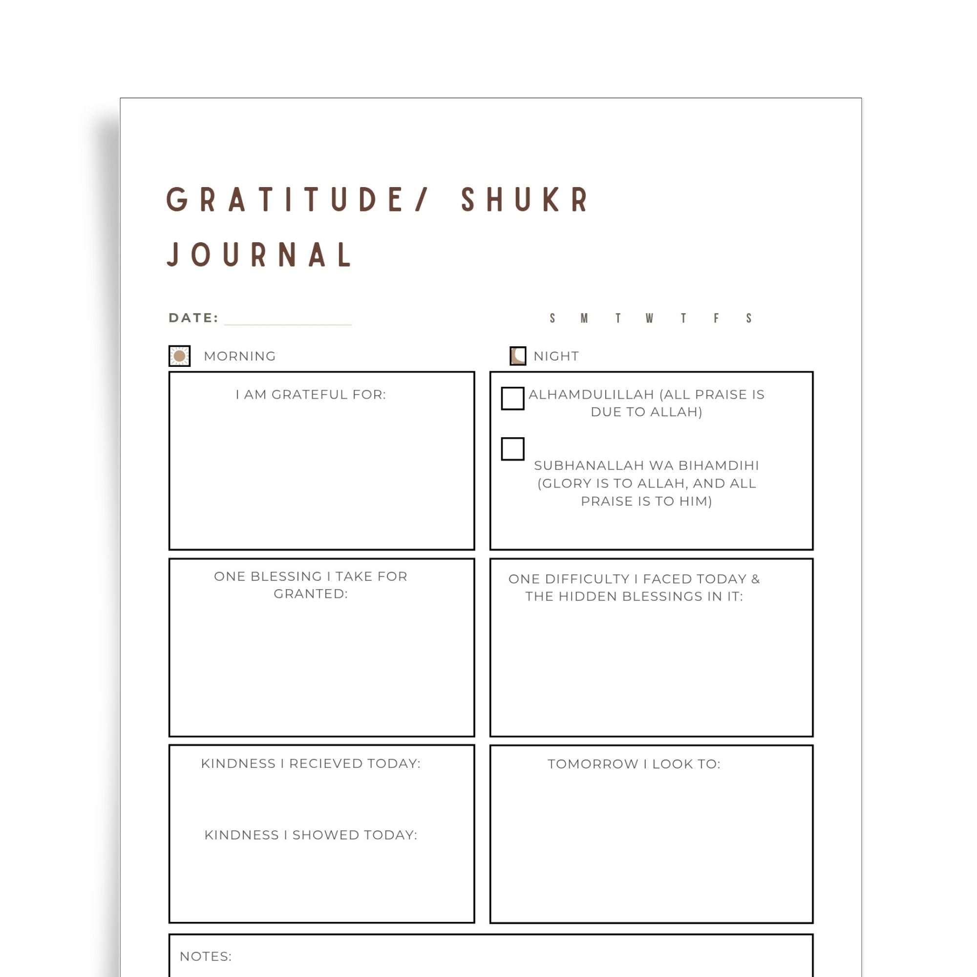 Gratitude / Shukr Journal Template | Daily Islamic Gratitude Printable