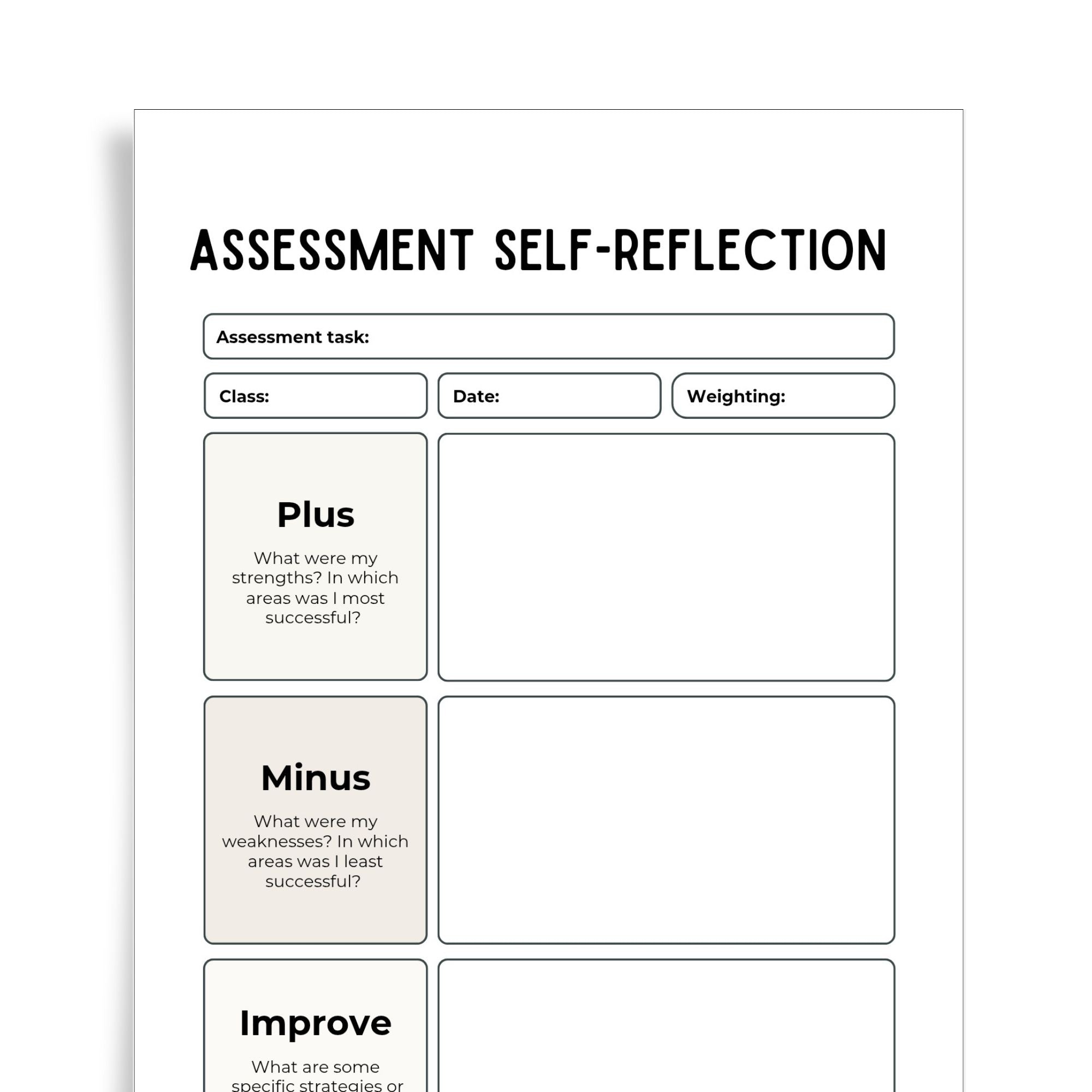 Assessment Self-Reflection Template | PMI (Plus, Minus, Improve) Printable