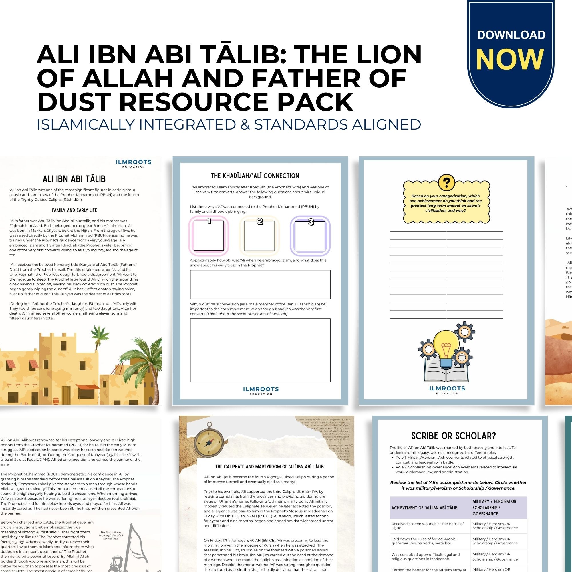 Ali ibn Abi Talib – The Lion of Allah and Father of Dust  In-Depth Study | Seerah, Character & Leadership | Ages 12+ | 14 Pages
