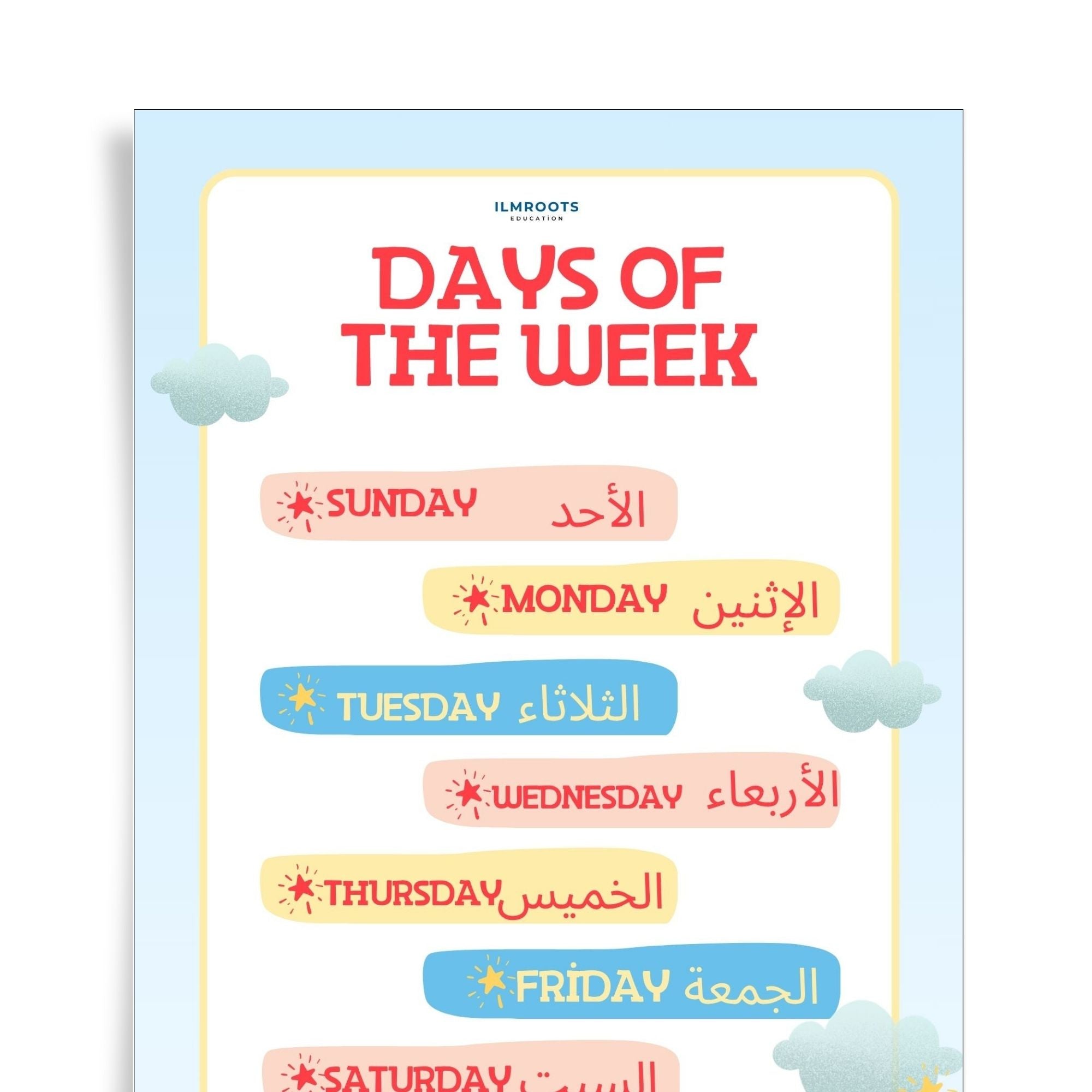 Arabic Days of the Week Poster | English, Arabic Script & Transliteration | Kids Wall Display