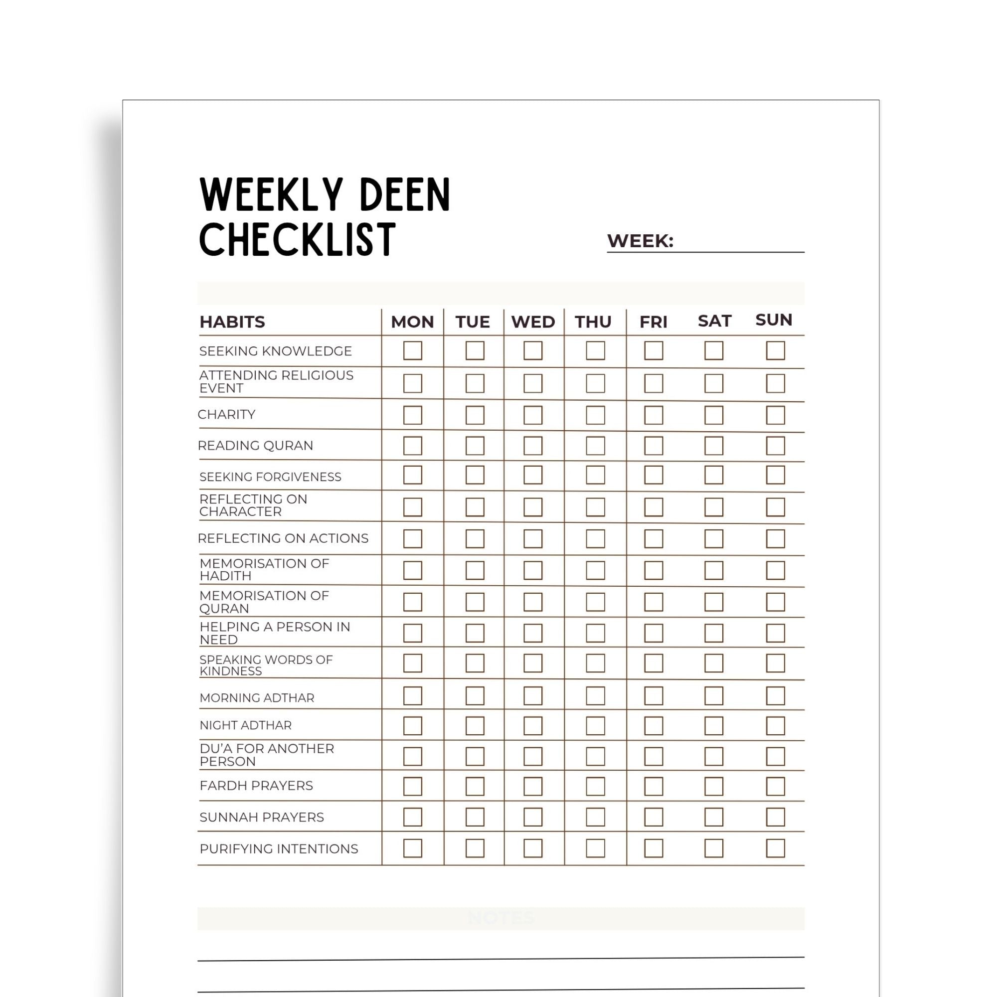 Weekly Deen Checklist | Islamic Habit Tracker Printable