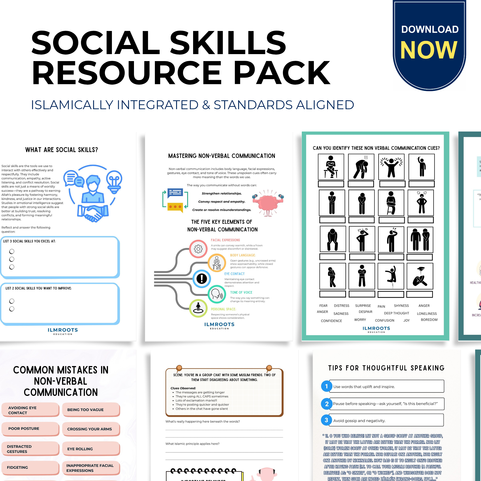 Social Skills & Islam Printable Pack | Sunnah + Psychology | Ages 11–16 | 20 Pages